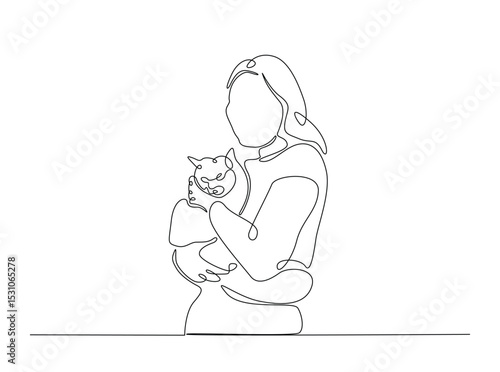 Happy woman hugging cute cat single outline illustration. Continuous line art drawing of woman hugging puppy. Editable stroke.