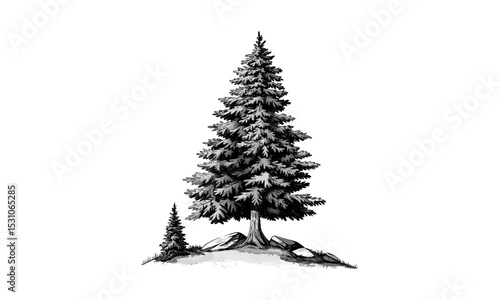 Himalaya Spruce Tree Illustrations, vector illustration, pine tree artwork, forest nature design, mountain flora, evergreen conifer, woodland scene, botanical sketch, natural landscape.