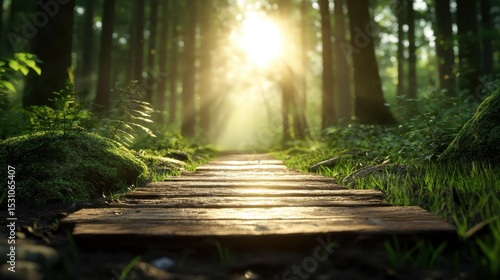 A serene forest path illuminated by sunlight, flanked by lush greenery, reflecting tranquility, rejuvenation, and the beauty of nature in an enchanting landscape.