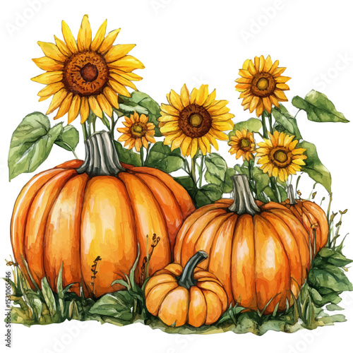 Pumpkin Patch With Sunflowers, watercolor vector, isolated on a white background.