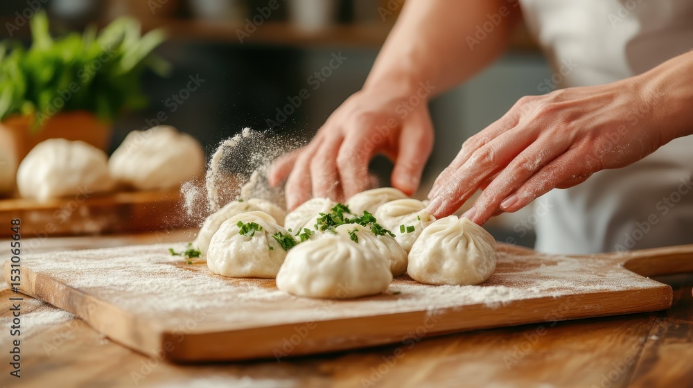 A chef's hands skillfully shape dumplings on a wooden board dusted with flour, accentuating the art of cooking and the love for culinary tradition in a cozy kitchen. A chef's hands skillfully shape dumplings on a wooden board dusted with flour, accentuating the art of cooking and the love for culinary tradition in a cozy kitchen.