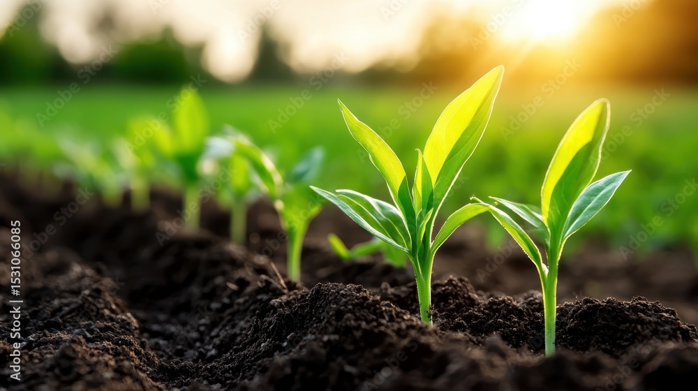 Freshly sprouted green plants reach for sunlight in rich, dark soil, symbolizing growth, renewal, and the optimistic potential of nature in springtime during planting season. Freshly sprouted green plants reach for sunlight in rich, dark soil, symbolizing growth, renewal, and the optimistic potential of nature in springtime during planting season.