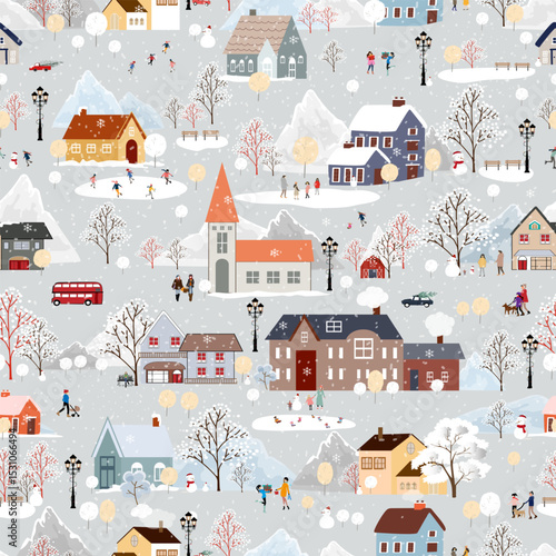 Seamless pattern,Winter Village landscape,Celebrating Christmas, New Year 2026 City Night Sky with Snow people playing ice skate in the park,Vector Xmas horizon banner Winter wonderland forest nature