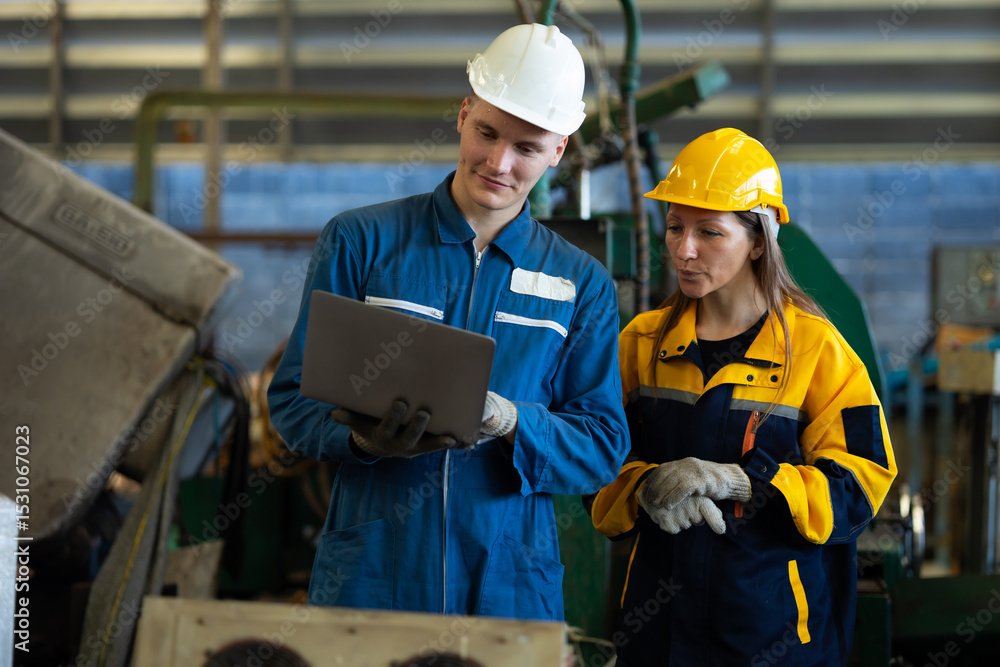 working woman : Caucasian mele and female manufacture technical or factory staff working with holding laptop computer standing at industry factory. Professional Mechanical Engineer working woman : Caucasian mele and female manufacture technical or factory staff working with holding laptop computer standing at industry factory. Professional Mechanical Engineer