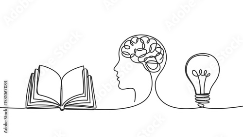 Continuous Line Drawing Book Brain and Lightbulb Representing Knowledge