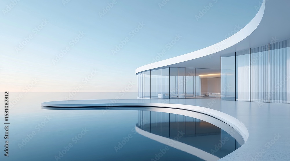 Fototapeta premium Modern Curved Building with Reflective Pool and Glass Facade