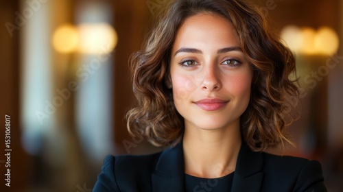 Wallpaper Mural A poised young woman exuding confidence and professionalism in elegant business attire, surrounded by a warm atmosphere that radiates sophistication and empowerment in a corporate setting. Torontodigital.ca