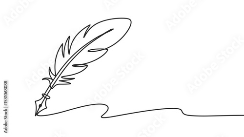 Elegant Feather Quill Pen Continuous Line Drawing on White Background