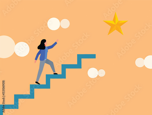 Reaching for Success Woman Climbing Stairs Towards a Star