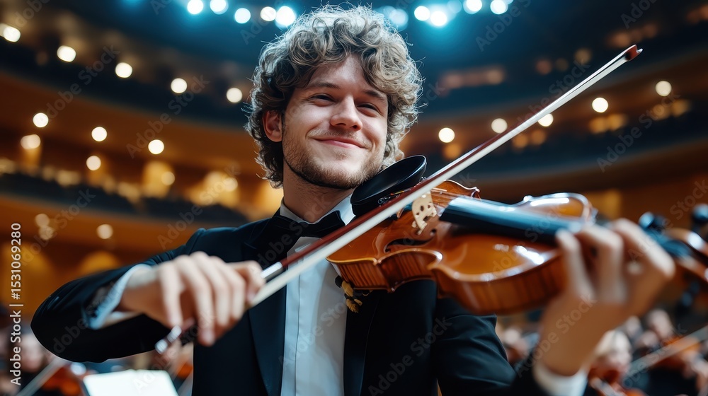 Fototapeta premium A confident young violinist smiles while playing his instrument in front of an engaged audience, conveying passion for music and the joy of performance in a grand concert setting.
