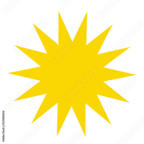 Yellow spiked sun icon in flat style on white background