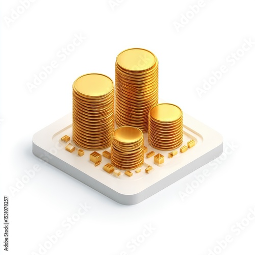 Golden coin stacks on a white square base