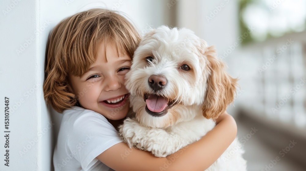 A joyful moment captured between a child and a fluffy dog, showcasing a heartwarming bond filled with love, happiness, and the innocence of childhood. A joyful moment captured between a child and a fluffy dog, showcasing a heartwarming bond filled with love, happiness, and the innocence of childhood.