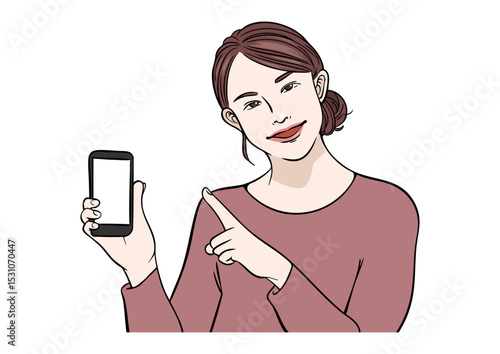 スマホ 女性 指差し 画面 笑顔