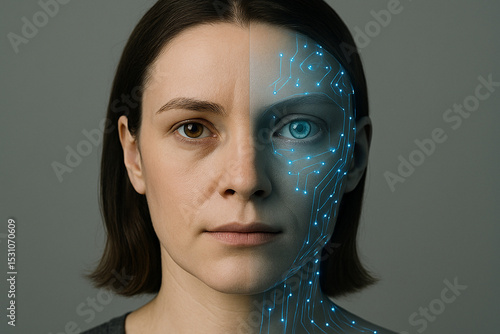 Half-human, half-AI face split vertically