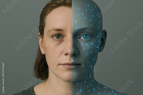 Half-human, half-AI face split vertically
