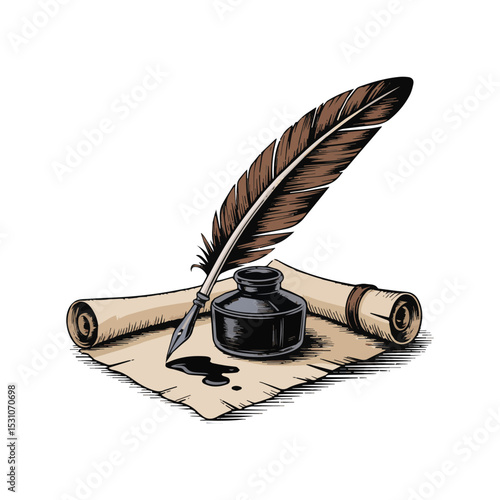 Vintage quill and inkwell on parchment engraving vactor