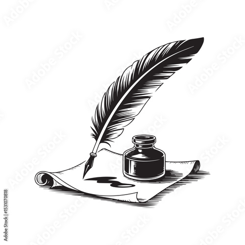 Vintage quill and inkwell on parchment engraving vactor