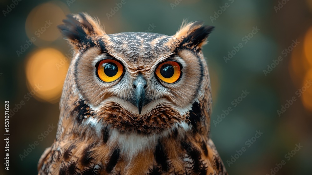 Fototapeta premium A detailed image capturing the majesty of an owl, showcasing its striking yellow eyes and intricate feather patterns, perfect for wildlife and nature enthusiasts.