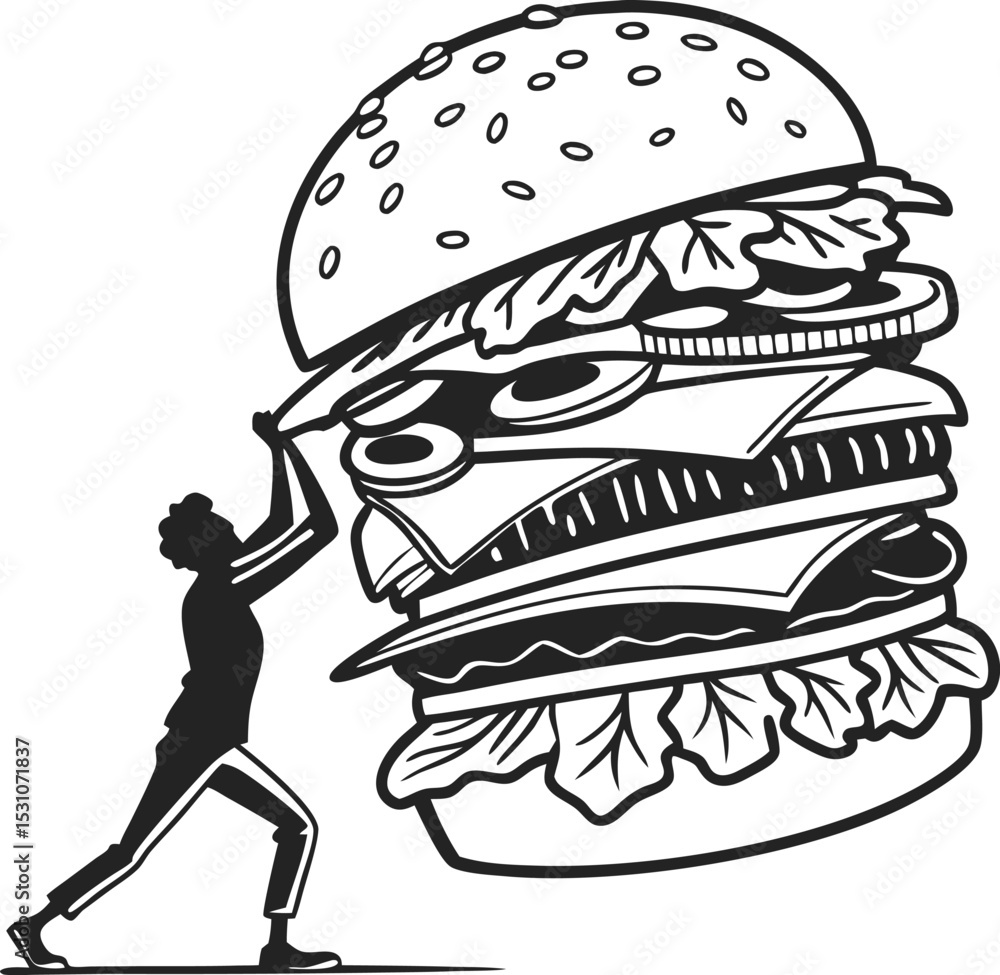 Extra Tall Burger Stack Silhouette – Versatile Vector Graphic Illustration for Food Menus, Restaurant Branding, and Gourmet Burger Promotions Extra Tall Burger Stack Silhouette – Versatile Vector Graphic Illustration for Food Menus, Restaurant Branding, and Gourmet Burger Promotions