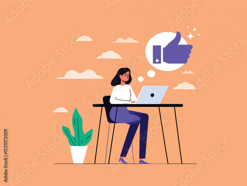 Positive Feedback Woman Working on Laptop, Vector Illustration