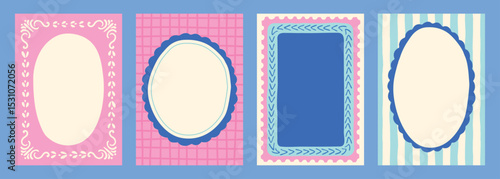 Set of decorative pastel frames with hand-drawn elements in naive style for greeting cards or scrapbooking. Vector illustration