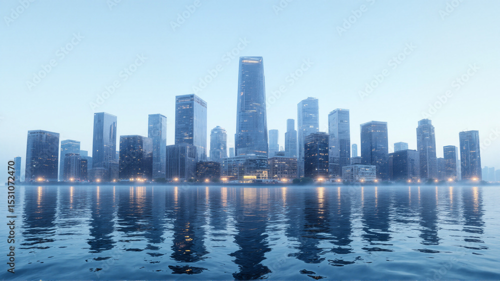 Fototapeta premium City skyline with skyscrapers reflected in calm water