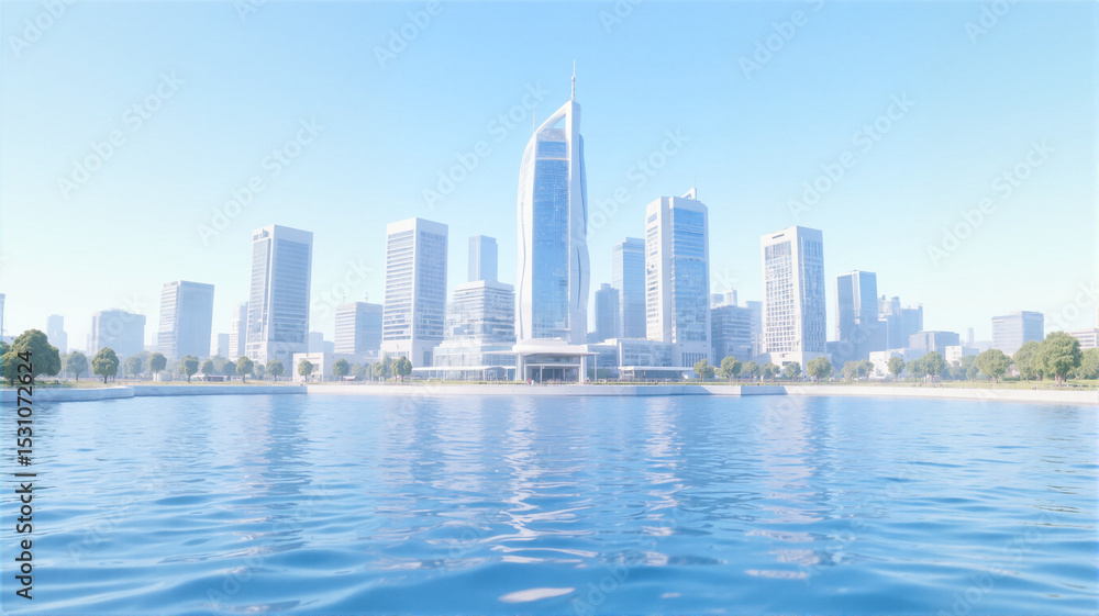 Fototapeta premium City skyline with skyscrapers water and trees in foreground