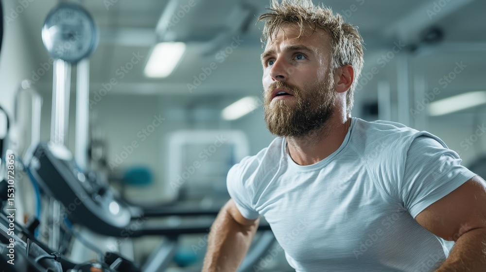 Fototapeta premium An intense fitness scene showcasing a determined man working hard in the gym, capturing the essence of dedication and physical strength during a workout session.