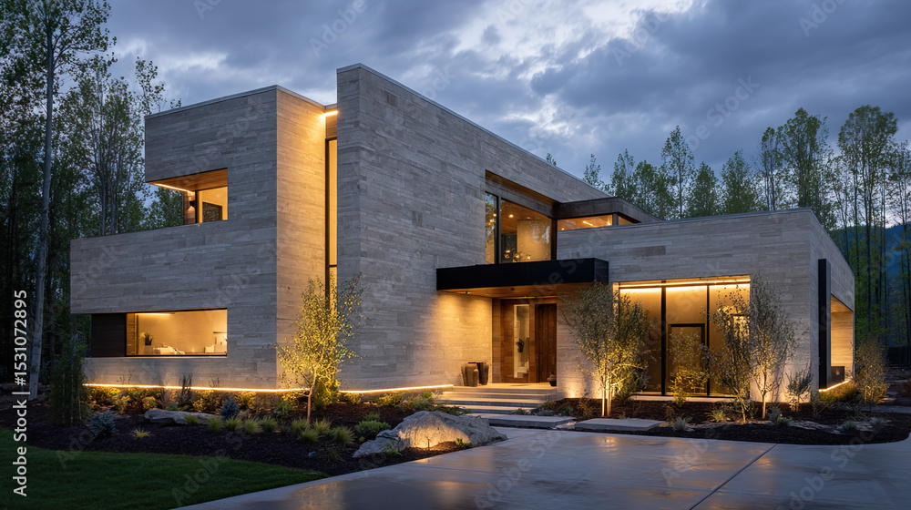 Obraz premium Modern home with geometric design glowing warmly at dusk, showcasing minimalist elegance and comfort.