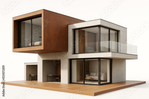 Wallpaper Mural Modern minimalist two-story house with glass walls and wood paneling on light background showcasing contemporary architecture and creative design. Torontodigital.ca