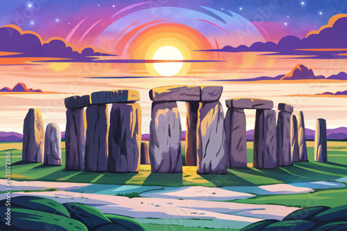 Vector illustration of Stonehenge megalithic monument at sunset, showcasing ancient stone architecture and cultural heritage of England in a mystical light