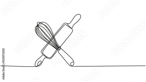 Continuous Line Drawing of Rolling Pin and Whisk for Baking