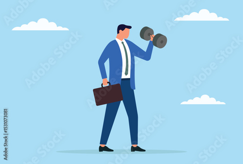 Vector illustration of a businessman holding dumbbells, representing strength, determination, balancing health and career, and building power in business and personal life
