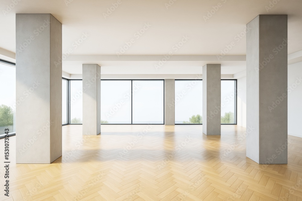 Fototapeta premium Modern empty interior room with large concrete columns, wooden herringbone floor, and wide glass windows in contemporary architectural space.