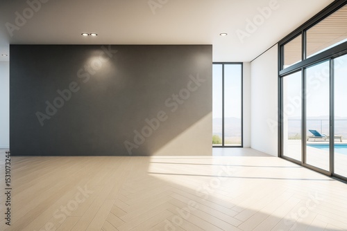 Wallpaper Mural Contemporary empty room with dark accent wall and large glass windows overlooking poolside deck in bright daylight setting. Ai generative. Torontodigital.ca