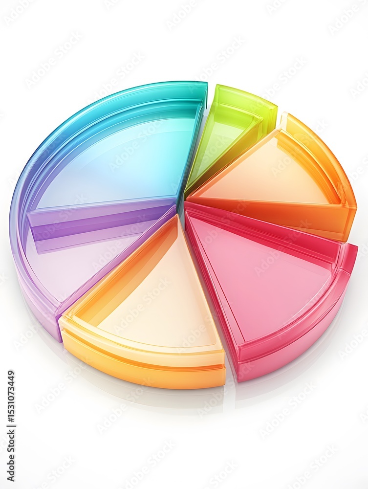 Obraz premium A vibrant segmented pie chart showcasing data visualization. Each section is a different color with a glossy glass-like appearance. Set against a clean white background.
