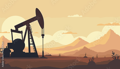 Stylized illustration of an oil pump jack in a desert landscape at sunset