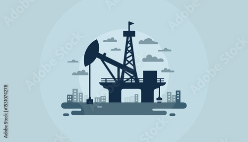 Stylized illustration of an oil pump jack with a city skyline in the background