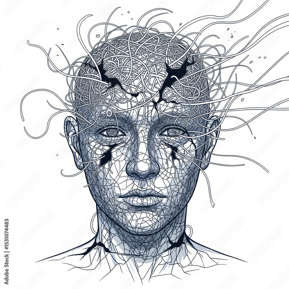 Fototapeta premium A conceptual illustration of mental breakdown or anxiety, with a human head made of tangled nerves unraveling from a crack 