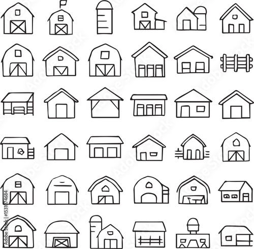 Set of 50 line icons related to barn, stable, shed, silo, hangar, paddock, ranch, farm, Editable stroke. Vector illustration