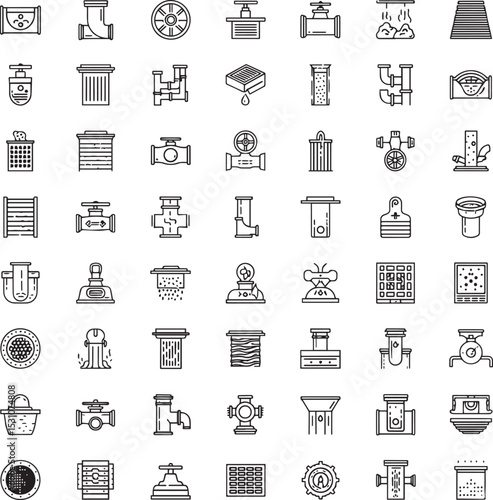 Set of 50 line icons related to drain, drainage, pipeline, sewage, sewer, gutter, grate, Editable stroke. Vector illustration