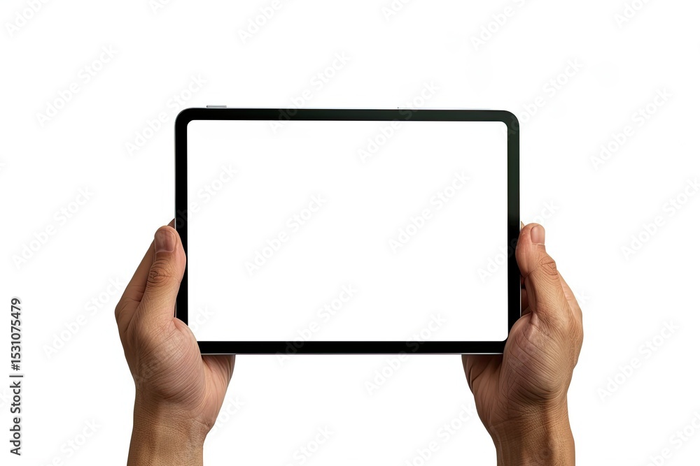 Men Hands Hold a Tablet Touch Pad Computer Gadget Isolated on White Background with Clipping Path Men Hands Hold a Tablet Touch Pad Computer Gadget Isolated on White Background with Clipping Path