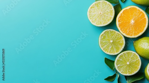 A colorful arrangement of fresh citrus fruits including limes and oranges perched on a bright turquoise background, creating a lively and refreshing aesthetic for food photography.