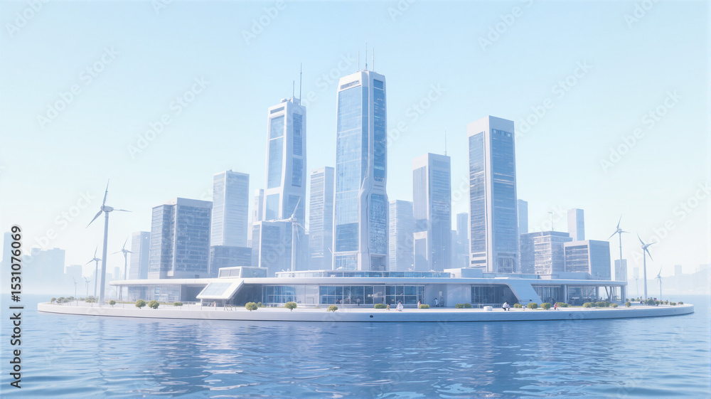 Fototapeta premium Cityscape with skyscrapers and wind turbines in water