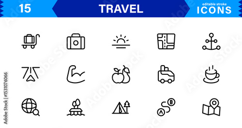 Travel Icon Set Featuring Airplane, Luggage, Destination, Passport, and Vacation Symbols in Clean, Professional Vector Design for Stock Use