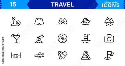 Travel Icon Set Featuring Airplane, Luggage, Destination, Passport, and Vacation Symbols in Clean, Professional Vector Design for Stock Use
