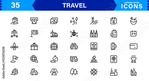Travel Icon Set Featuring Airplane, Luggage, Destination, Passport, and Vacation Symbols in Clean, Professional Vector Design for Stock Use