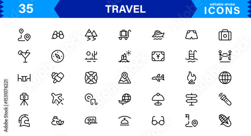 Travel Icon Set Featuring Airplane, Luggage, Destination, Passport, and Vacation Symbols in Clean, Professional Vector Design for Stock Use