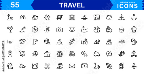 Travel Icon Set Featuring Airplane, Luggage, Destination, Passport, and Vacation Symbols in Clean, Professional Vector Design for Stock Use